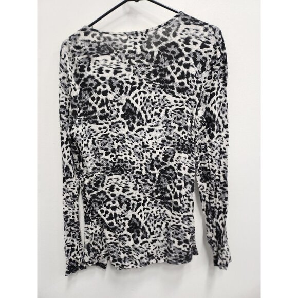 Bebe Womens Tunic Top Large Black Gray Leopard Print Lace Up  Long Sleeve Casual - Picture 9 of 9